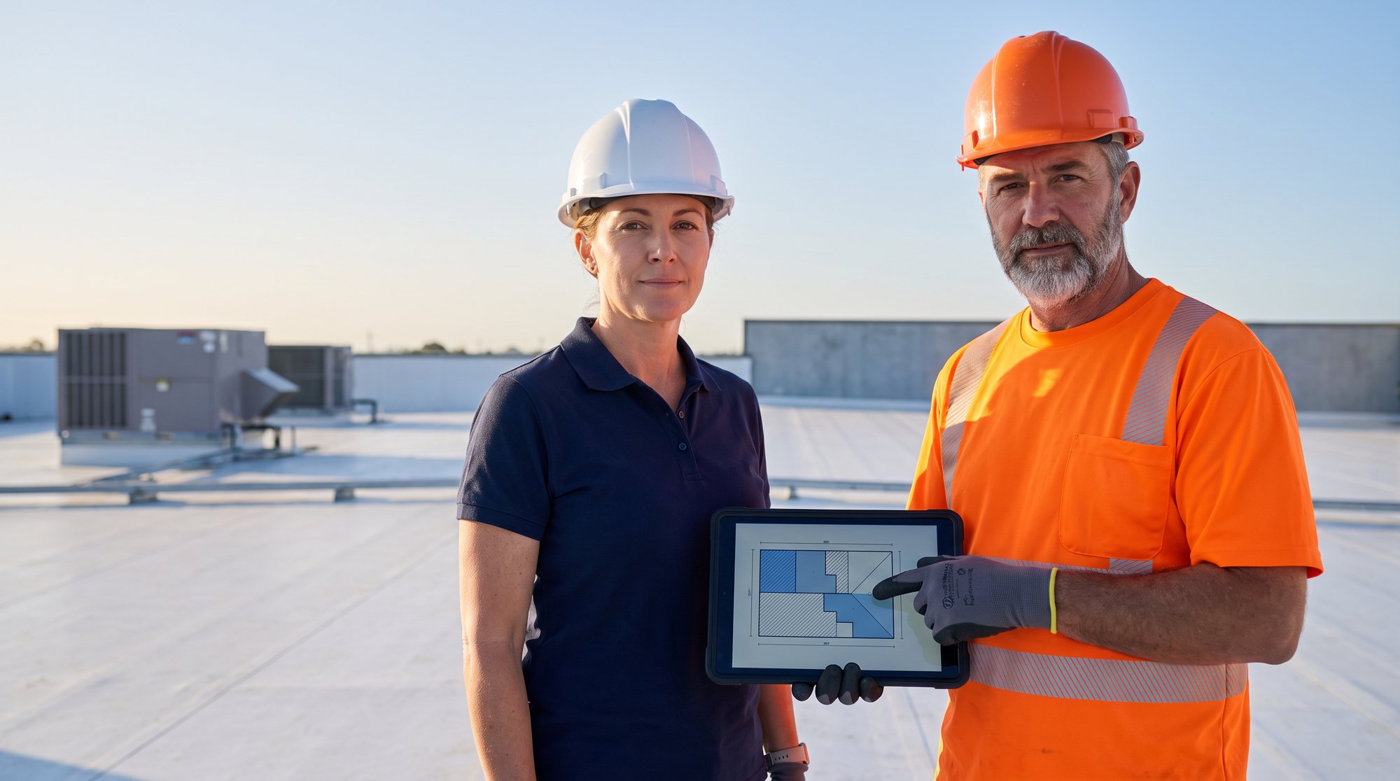 A woman in a navy polo and white hard hat and a bearded man in an orange hi-vis shirt and orange hard hat standing on a flat roof, the man pointing at a tablet that shows a plan drawing, with rooftop units behind them