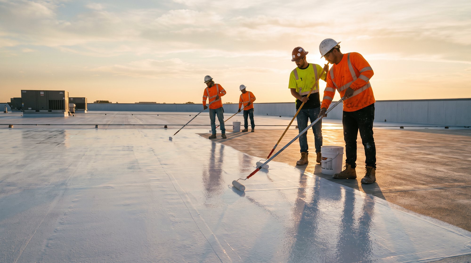 Four workers in orange and yellow hi-vis shirts and hard hats rolling bright white coating across a large flat commercial roof at sunset, with rooftop units in the distance and a bucket beside the nearest worker